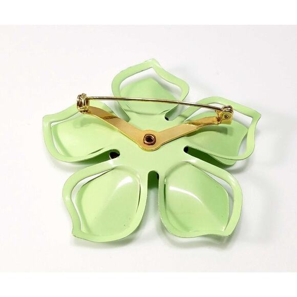 Vintage Light Green Flower Brooch, Enamel On Metal, 1960s, 2 3/8 Inches - Picture 2 of 10